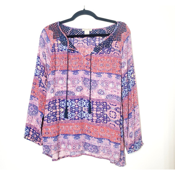 Lucky Brand Womens Medium Peasant Top Bohemian Balloon Sleeve Printed Tassel - Picture 9 of 9